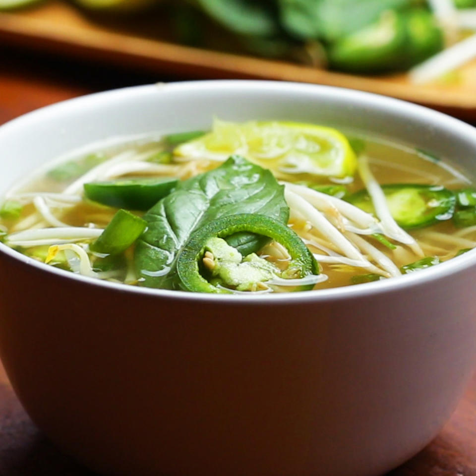 Hot bowl of pho with toppings