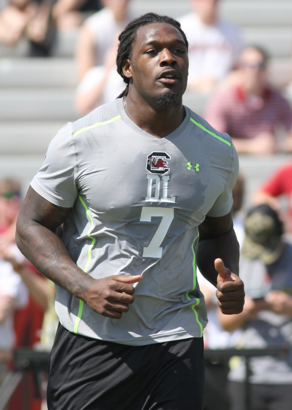 South Carolina defensive end Jadeveon Clowney competes in a drill for NFL representatives at South Carolina football pro day in Columbia, S.C., Wednesday, April 2, 2014. (AP Photo/Mary Ann Chastain)