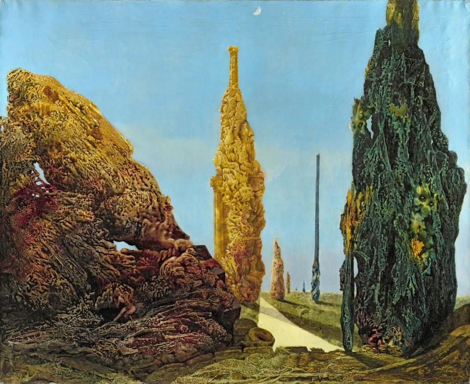 Painting of bizarre-looking greenish, yellowish and brownish trees situated before a pale, blue sky.