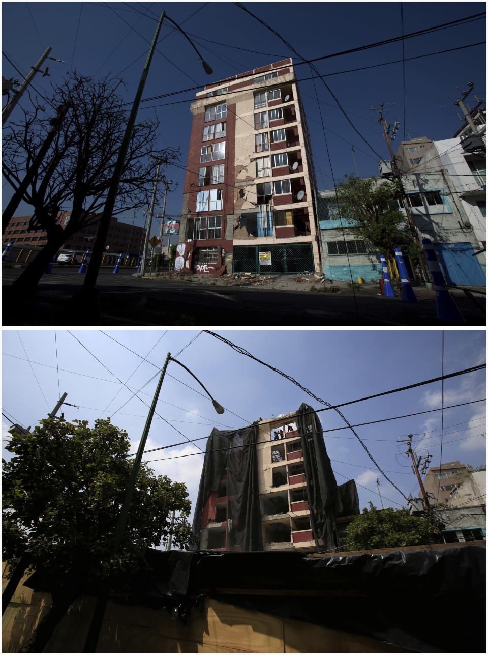 This photo combination shows an apartment building at Tonala and Viaducto Miguel Aleman that was heavily damaged in last year's 7.1 magnitude earthquake, on March 16, 2018, virtually untouched six months after the quake, and on Sept. 18, 2018, shortly after demolition began, in the Roma Sur area of Mexico City. The slow pace of demolition, let alone rebuilding, is frustrating both to those who lost their homes and to those left living amid shattered eyesores that look like they could collapse at any time onto sidewalks and streets still cordoned off after the 2017 quake. (AP Photos/Rebecca Blackwell)