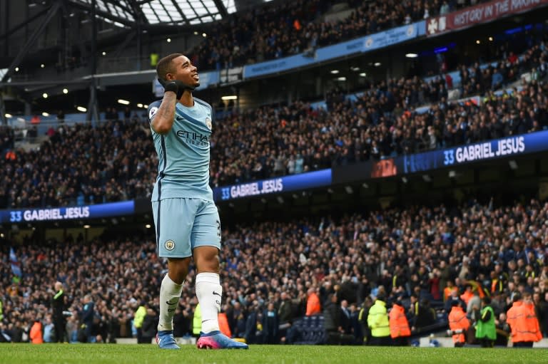 Gabriel Jesus celebrates after scoring Manchester City's winner against Swansea City at the Etihad Stadium in Manchester on February 5, 2017