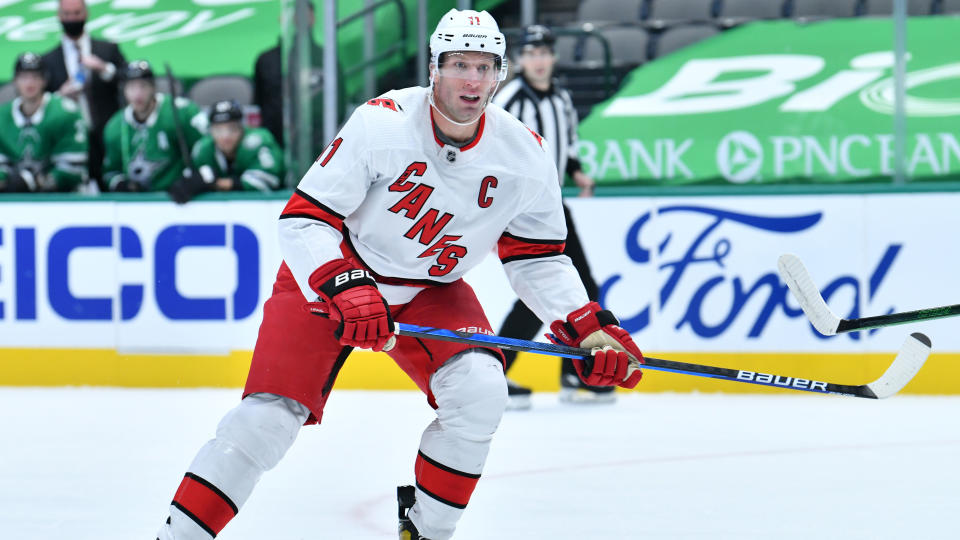 DALLAS, TX - FEBRUARY 11: Jordan Staal #11 of the Carolina Hurricanes skates against the Dallas Stars at the American Airlines Center on February 11, 2021 in Dallas, Texas. (Photo by Glenn James/NHLI via Getty Images)