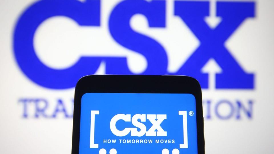 Mandatory Credit: Photo by Pavlo Gonchar/SOPA Images/Shutterstock (11866604d)In this photo illustration a CSX Transportation logo of US railroad is seen on a smartphone and a pc screen.