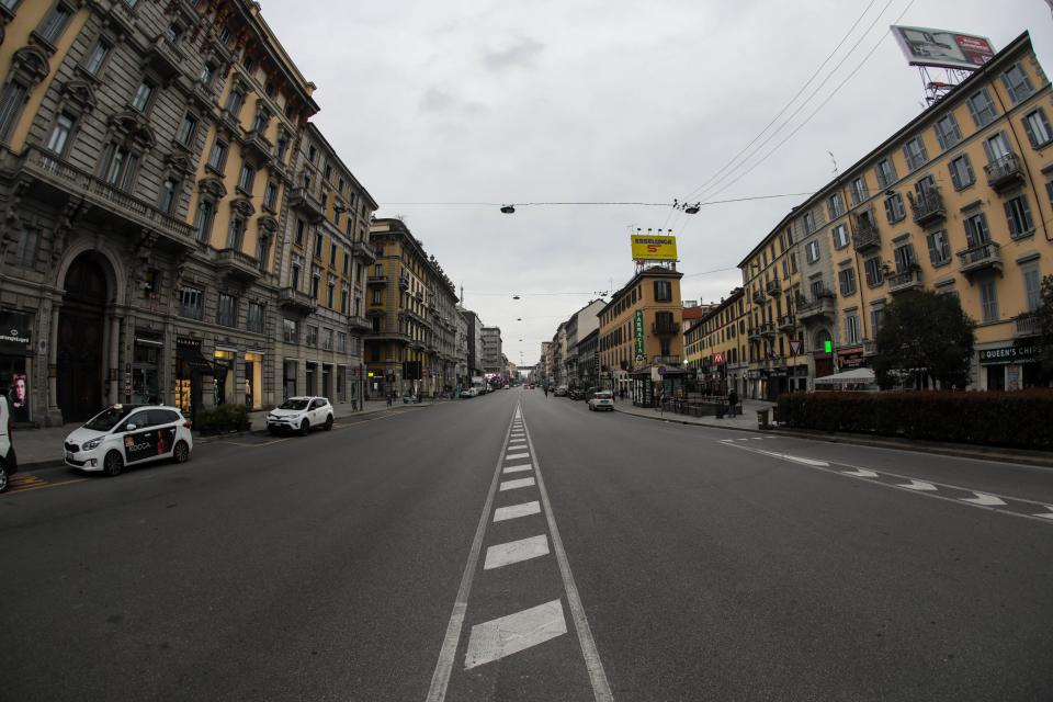 Corso Buenos Aires in Milan during Italy's lockdown. New cycle lanes and expanded sidewalks are planned for the street as part of Milan's city redesign. (Photo: Photo by Mairo Cinquetti/NurPhoto via Getty Images)