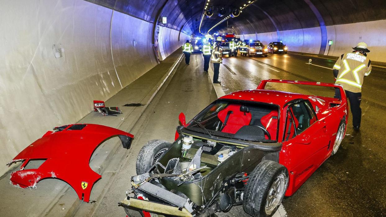 21 april 2024, baden wrttemberg, leonberg a ferrari is parked in the engelberg tunnel after an accident a man lost control of his sports car in the engelberg tunnel in the bblingen district and crashed into the tunnel wall photo by andreas rometschpicture alliancedpaap images