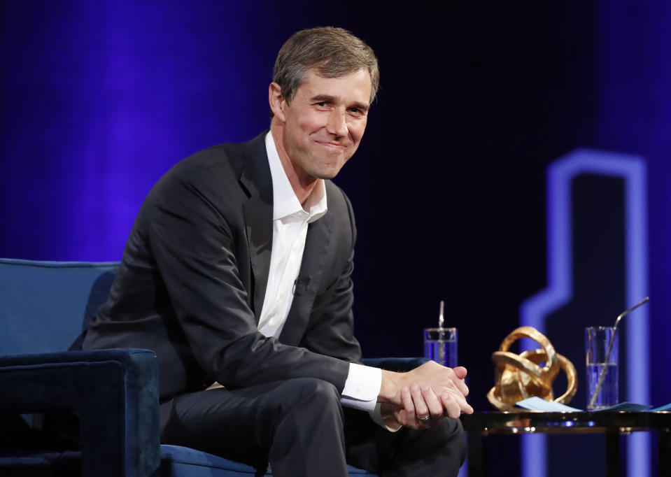 FILE - In this Feb. 5, 2019, file photo, former Democratic Texas congressman Beto O'Rourke smiles during an interview with Oprah Winfrey live on a Times Square stage at "SuperSoul Conversations," in New York. O'Rourke formally announced Thursday that he'll seek the 2020 Democratic presidential nomination, ending months of intense speculation over whether he'd try to translate his newfound political celebrity into a White House bid. (AP Photo/Kathy Willens, File)