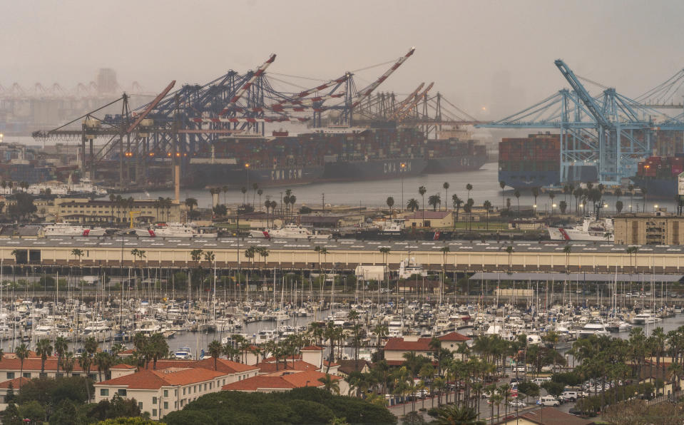 In this Wednesday, March 3, 2021 photo, container cargo ships are seen docked in the Port of Los Angeles. A trade bottleneck born of the COVID-19 outbreak has U.S. businesses waiting for shipments from Asia _ while off the coast of California, dozens of container ships have been anchored, unable to unload their cargo. ( AP Photo/Damian Dovarganes)