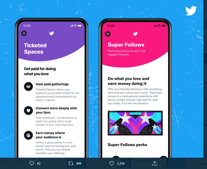 推特22日宣布，開始接受美國少數符合資格的推特用戶申請，測試新功能Ticketed Spaces和SuperFollows，向付費訂閱者銷售獨家內容。（擷取自Twitter）