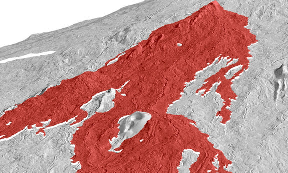 Researchers use lasers beamed down from aircraft to scan lava flows and generate 3D images. Here, Hawaii's Mauna Loa 1984 flow has been mapped in 3D.