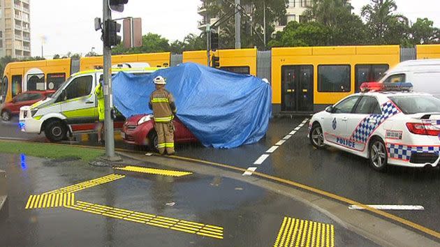 Accident scene following a crash involving a car and tram on the Gold Coast. Source: 7News