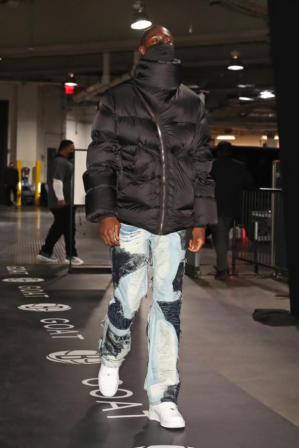 Caris LeVert of the Nets arrives for a game against the Denver Nuggets in Brooklyn, January 12, 2021.