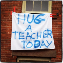 "HUG A TEACHER TODAY." 9:41 a.m., Sandy Hook, Connecticut. (Dylan Stableford/Yahoo! News)