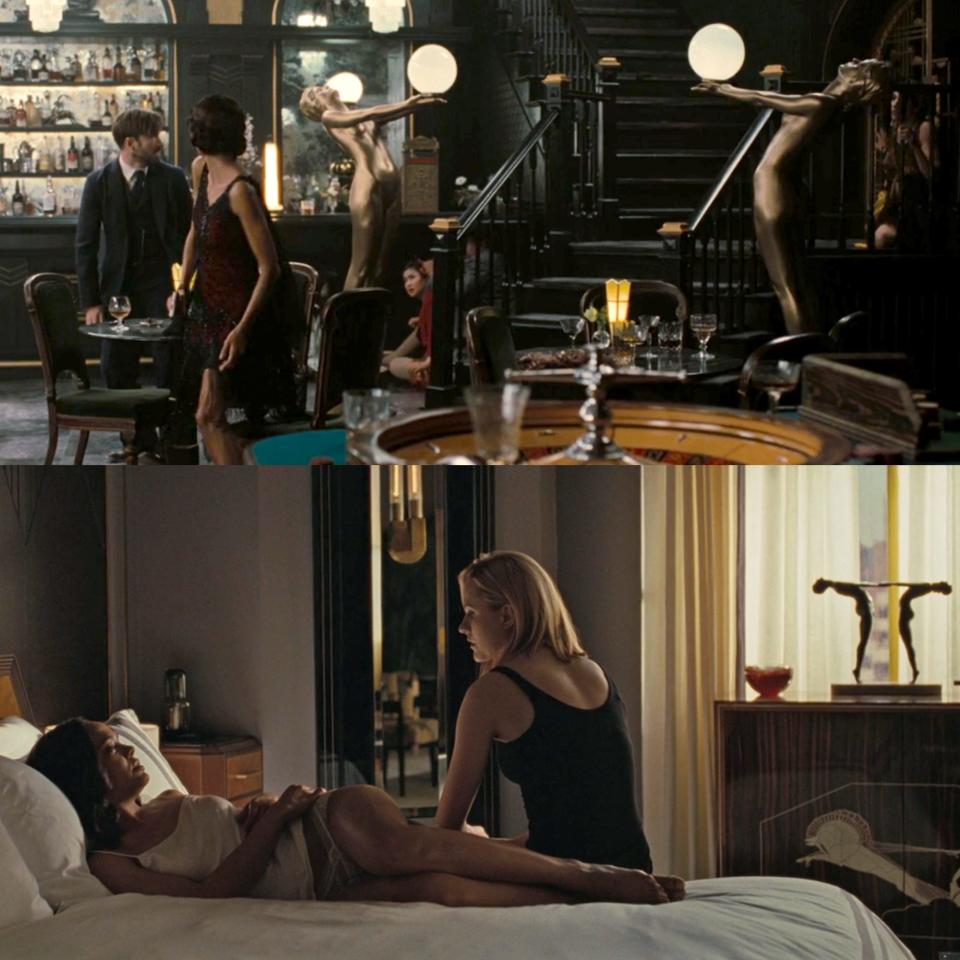 Two images of people in two different rooms, one with giant gold statues of naked women and the other with a small statue showing women in the same pose.