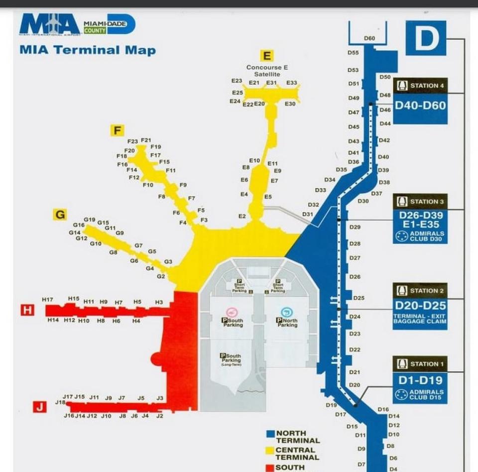 Mapa del sistema Skytrain, que da servicio al Vestíbulo D del Aeropuerto Internacional de Miami, pero que lleva cerrado desde septiembre de 2023. Se espera que las estaciones 2, 3 y 4 vuelvan a abrir en marzo de 2024.