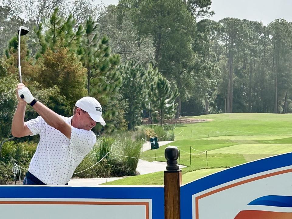 Steve Stricker, the 2022 Furyk & Friends champion, hits a tee shot down the tree-lined first fairway of the Timuquana Country Club during last year's tournament.