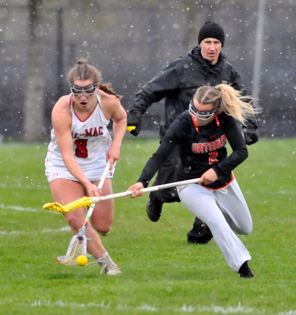 Pal-Mac's Kylie Waeghe, left, and Waterloo's Natalie DiSanto battle for a ground ball during Wednesday's game.