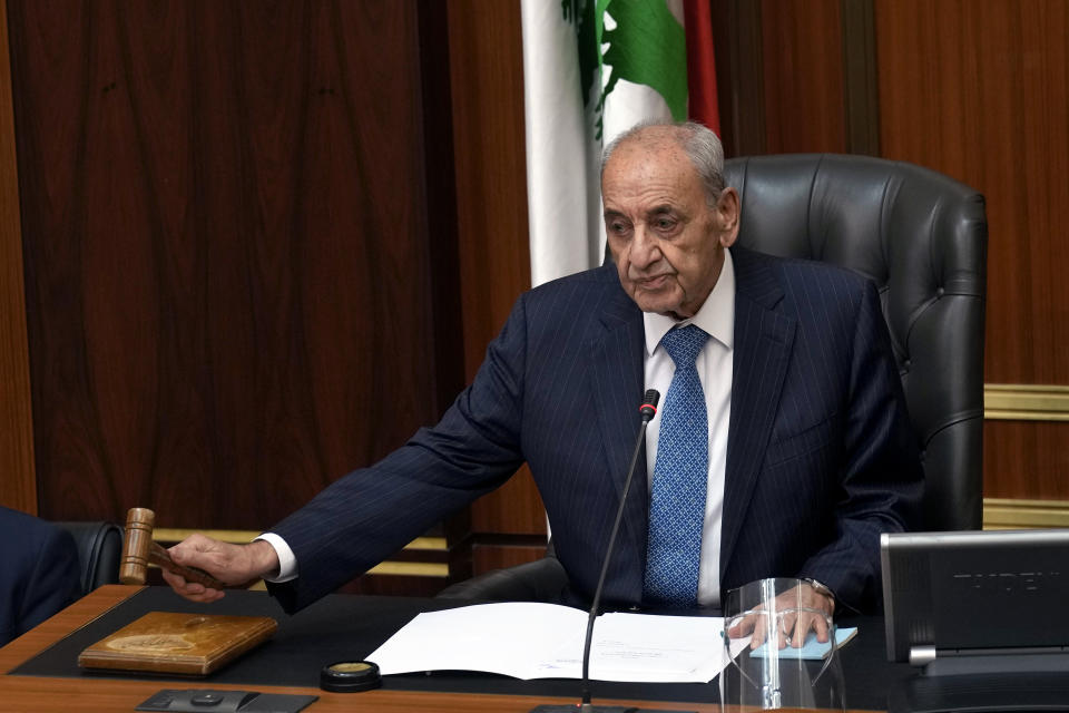 Lebanese Parliament Speaker Nabih Berri opens the session to elect a president at the parliament building in downtown Beirut, Lebanon, Thursday, Sept. 29, 2022. Lebanon's Parliament on Thursday failed to elect a new president with the majority of lawmakers casting blank ballots. (AP Photo/Bilal Hussein)
