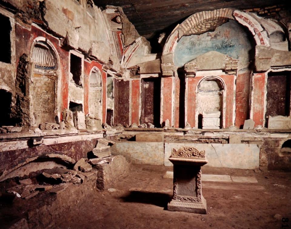 The tomb of the Caetennii (17 x 18 feet) was one of the richest and most lavishly decorated of all those excavated beneath St. Peter's. (Nat Farbman—Time & Life Pictures/Getty Images) <br> <br> <a href="http://life.time.com/culture/the-vatican-unearthing-history-beneath-st-peters-1950-photos/#1" rel="nofollow noopener" target="_blank" data-ylk="slk:Click here to see the full collection at LIFE.com;elm:context_link;itc:0;sec:content-canvas" class="link ">Click here to see the full collection at LIFE.com</a>