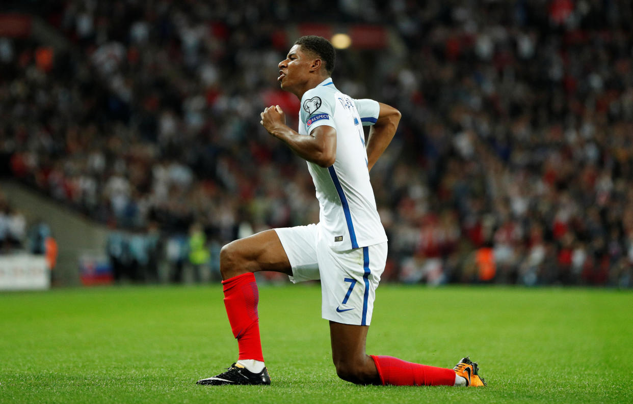 England’s Marcus Rashford celebrates scoring their second goal Action Images via Reuters/John Sibley