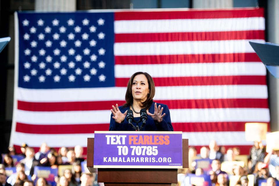 California Sen. Kamala Harris speaks a rally launching her presidential campaign on Sunday in Oakland, California.