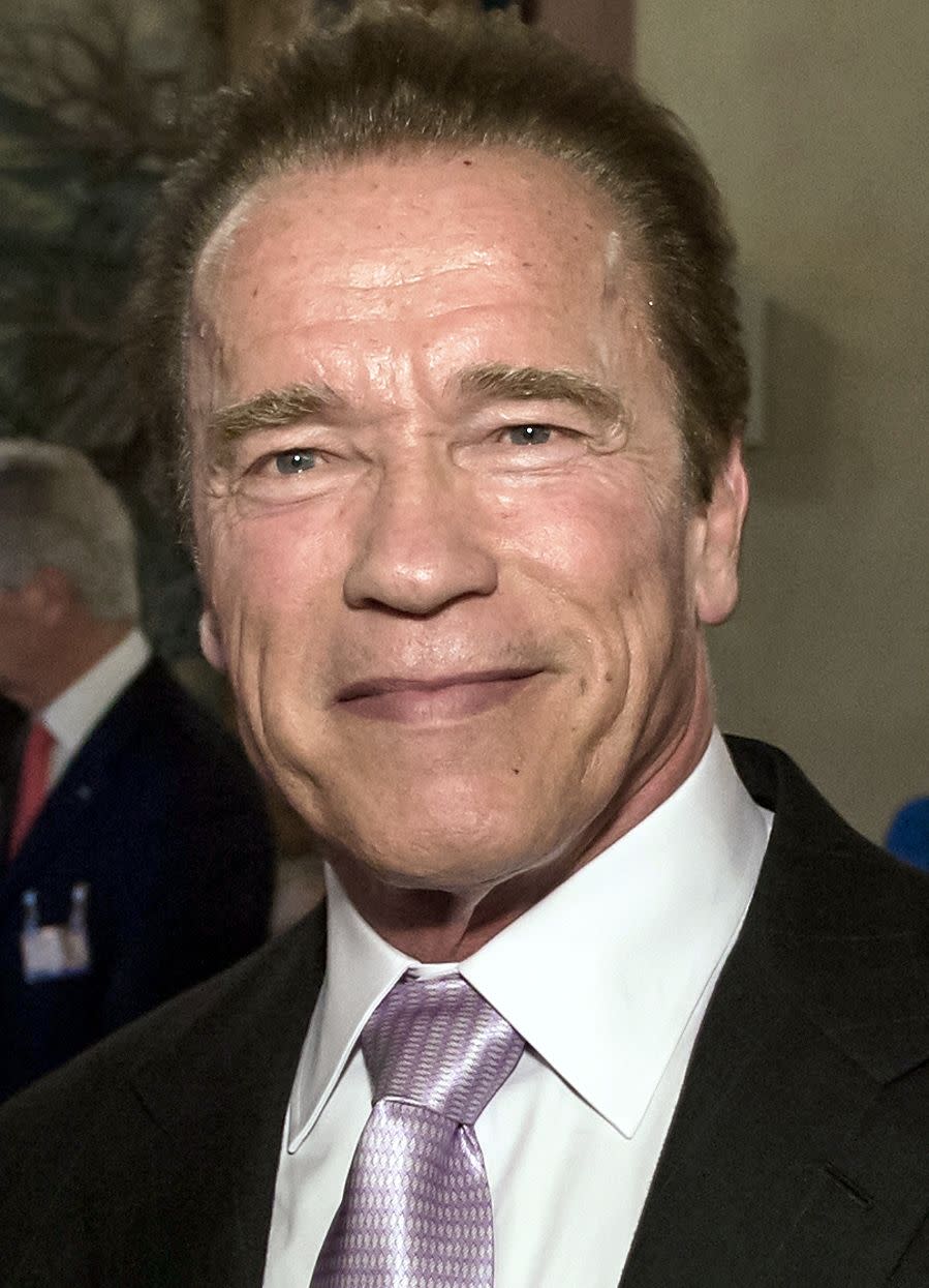 An up-close photo of Arnold Schwarzenegger in co-operate wear to show that he is 