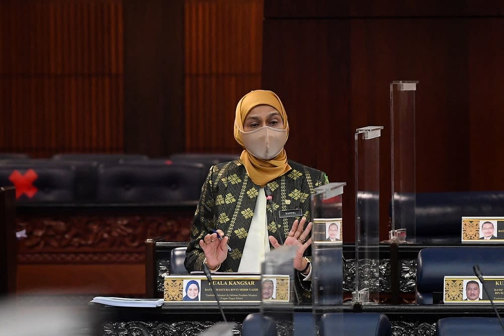 Deputy minister in the prime minister’s department Datuk Mastura Mohd Yazid answers a question in Parliament, in Kuala Lumpur December 13, 2021. — Bernama pic