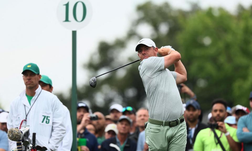 <span>Rory McIlroy hits his tee shot on the 10th hole during a practice round at the Masters on Tuesday.</span><span>Photograph: Eloisa Lopez/Reuters</span>