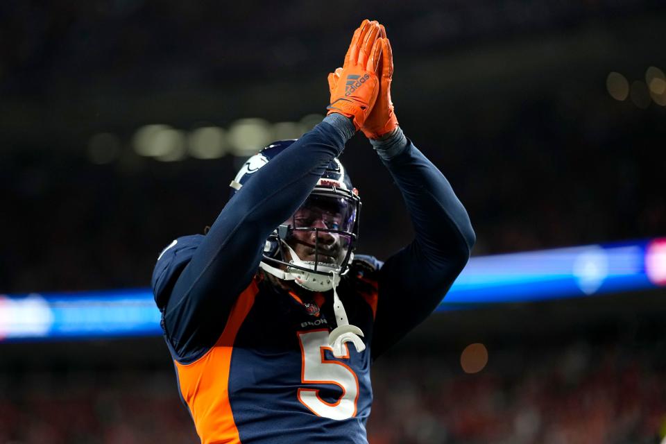 Denver Broncos linebacker Randy Gregory (5) gestures after San Francisco 49ers quarterback Jimmy Garoppolo was called for a safety during the second half of an NFL football game in Denver, Sunday, Sept. 25, 2022. (AP Photo/Jack Dempsey)