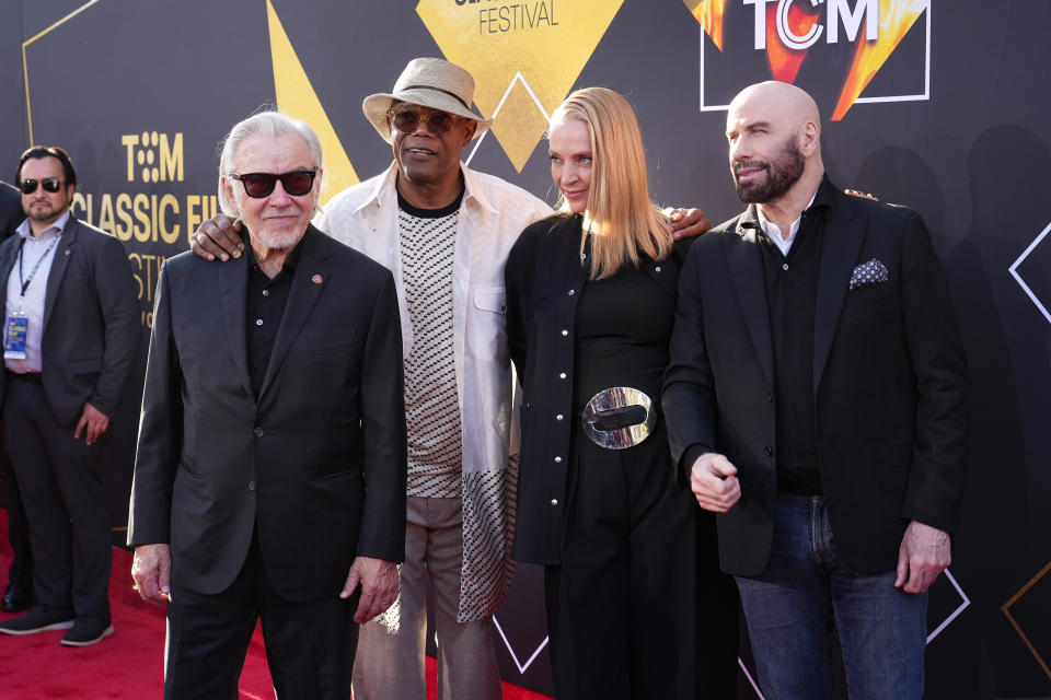 HOLLYWOOD, CALIFORNIA - APRIL 18: (L-R) Samuel L. Jackson, Harvey Keitel, Uma Thurman and John Travolta attend the 2024 TCM Classic Film Festival Opening Night and 30th Anniversary Presentation Of "Pulp Fiction" at TCL Chinese Theatre on April 18, 2024 in Hollywood, California. (Photo by JC Olivera/WireImage)