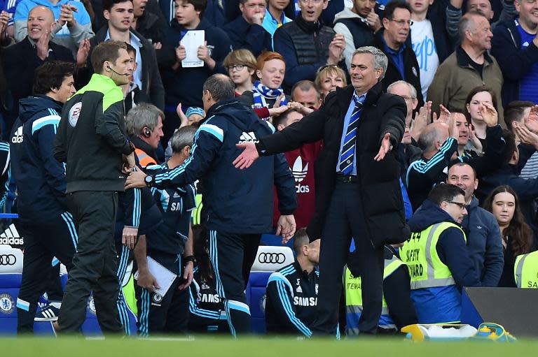 Chelsea's manager Jose Mourinho reacts on the touchline during their English Premier League match against Manchester United, at Stamford Bridge in London, on April 18, 2015