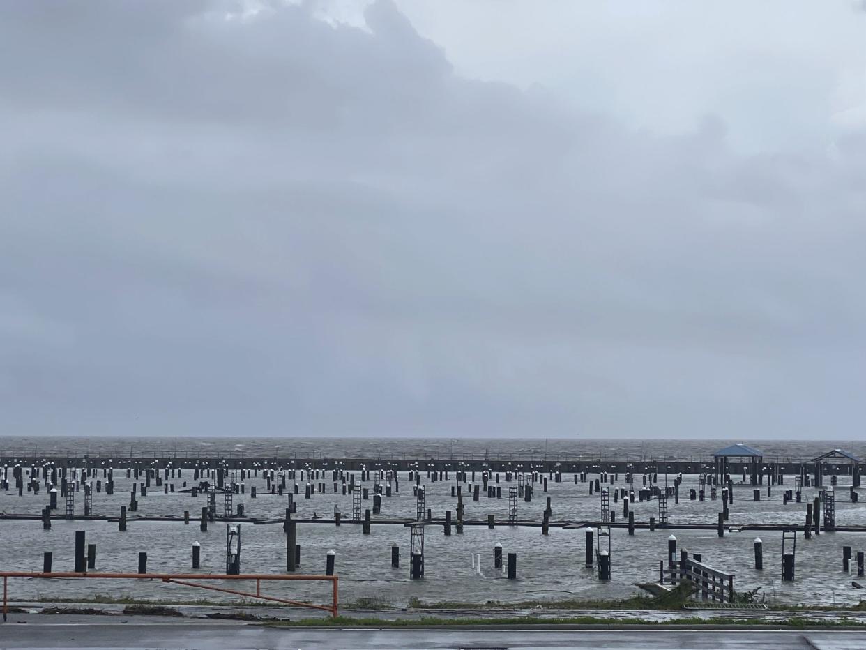 The East Harbor of Pass Christian, Miss. is empty after Hurricane Ida with no vessels Monday morning, Aug. 30, 2021.