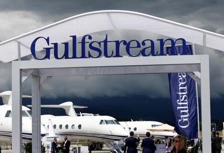 A Gulfstream logo is pictured on the company booth during the European Business Aviation Convention & Exhibition (EBACE) at Cointrin airport in Geneva, Switzerland, May 24, 2016. REUTERS/Denis Balibouse