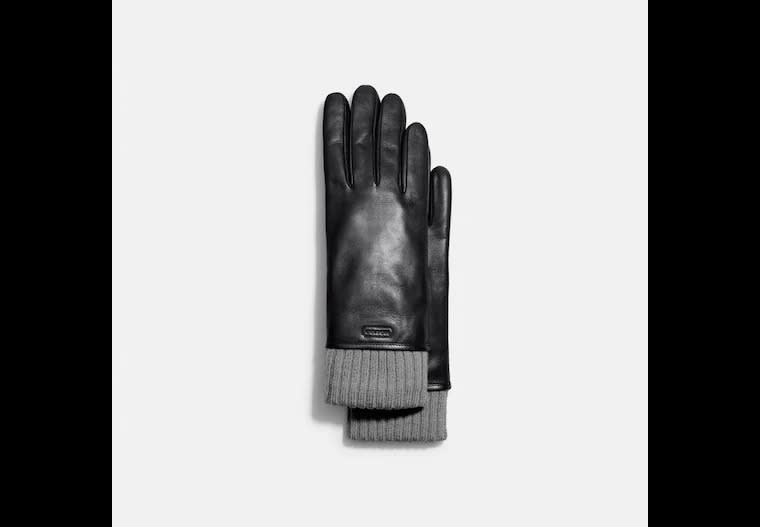 Leather Knit Cuff Mixed Gloves. Image via Coach.