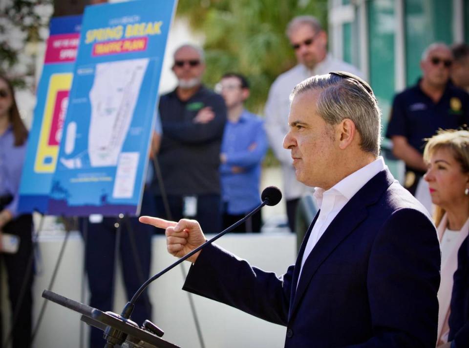Miami Beach Mayor Steven Meiner speaks during a press conference about the city’s spring break plan in front of the Miami Beach Police Department in South Beach on Feb. 15, 2024.