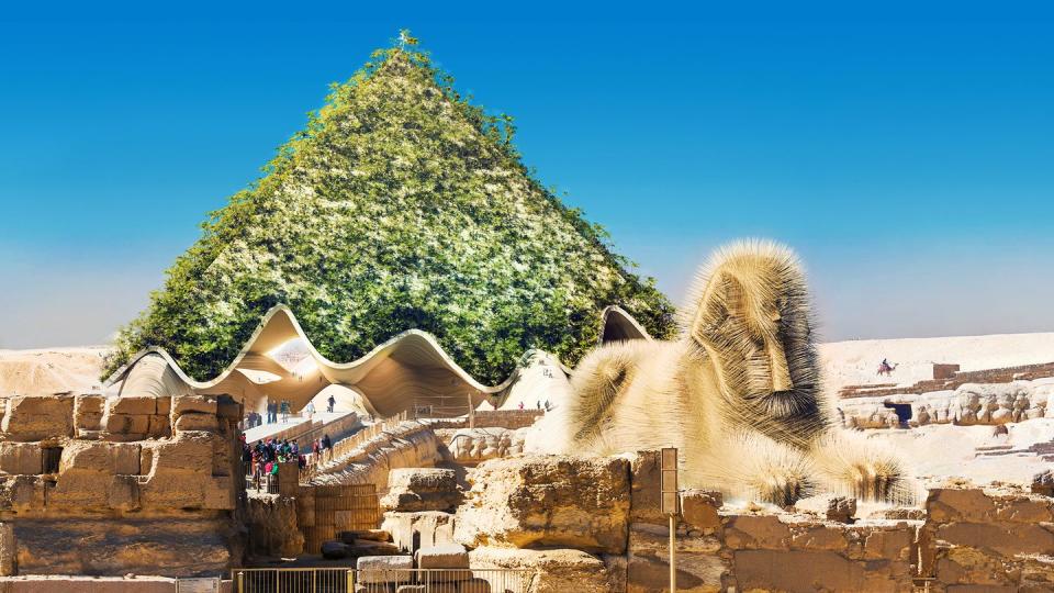 <p>Adorned in gorgeous green foliage, we love how the pyramids in Egypt have been reimagined. <br></p><p>'As you can see we covered the existing pyramid shape with lush greenery,' says Yaniv, explaining the idea behind the redesign. 'The sand dune reflected in the wave structure at the base of the pyramid was inspired by architect Chad Oppenheim's interpretation of the landscape.'<br></p>