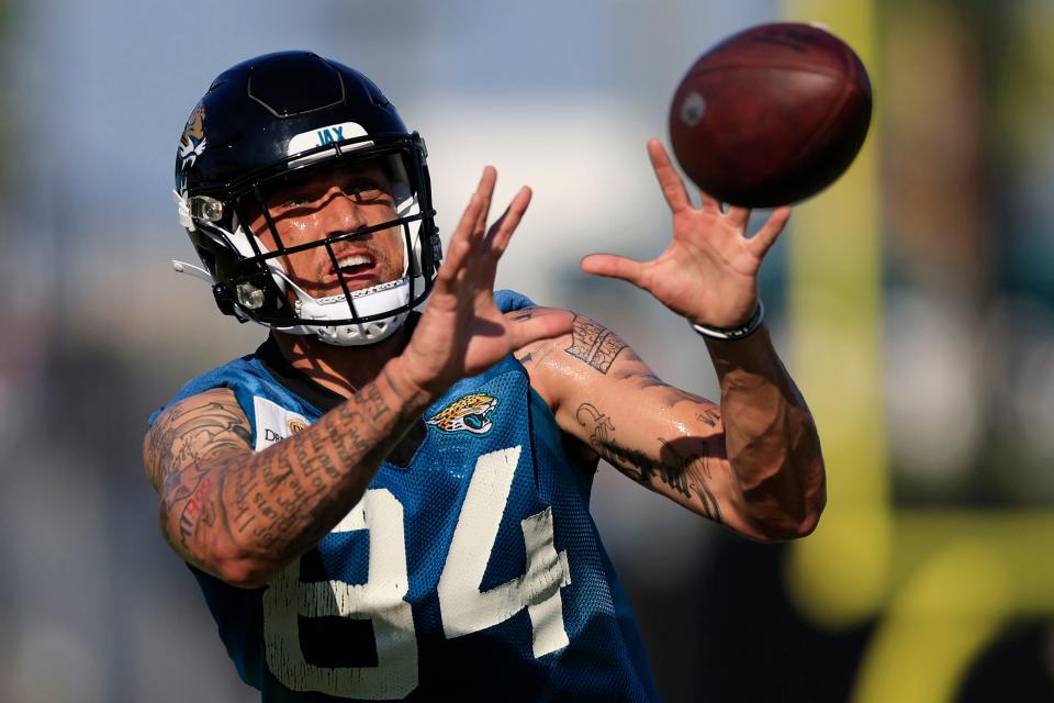 Jacksonville Jaguars wide receiver Elijah Cooks (84) catches a pass Wednesday, July 26, 2023 at Miller Electric Center at EverBank Stadium in Jacksonville, Fla. Today marked the first day of training camp for the Jacksonville Jaguars. 