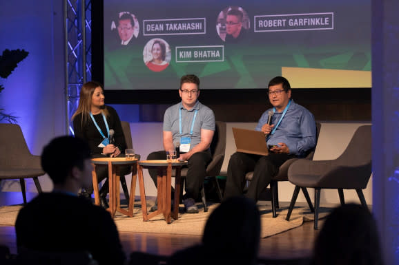 Left to right: Kim Bhatha of Zynga, Robert Garfinkle of Big Huge Games, and Dean Takahashi of GamesBeat.