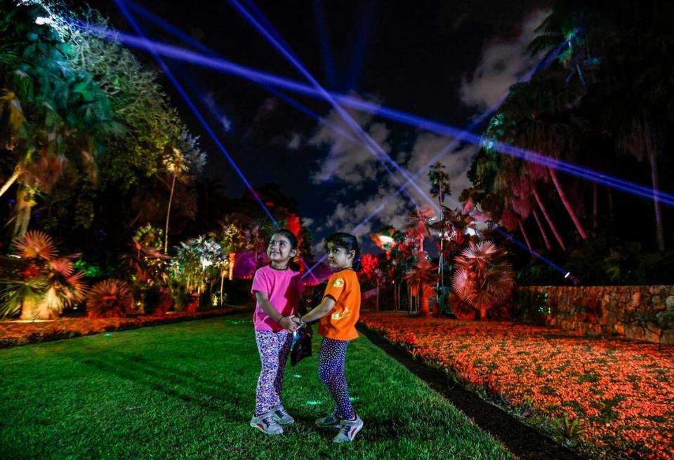 Twin sisters, Aya and Ari Patel, 3, left to right, hold hands as they walk through the NightGarden.