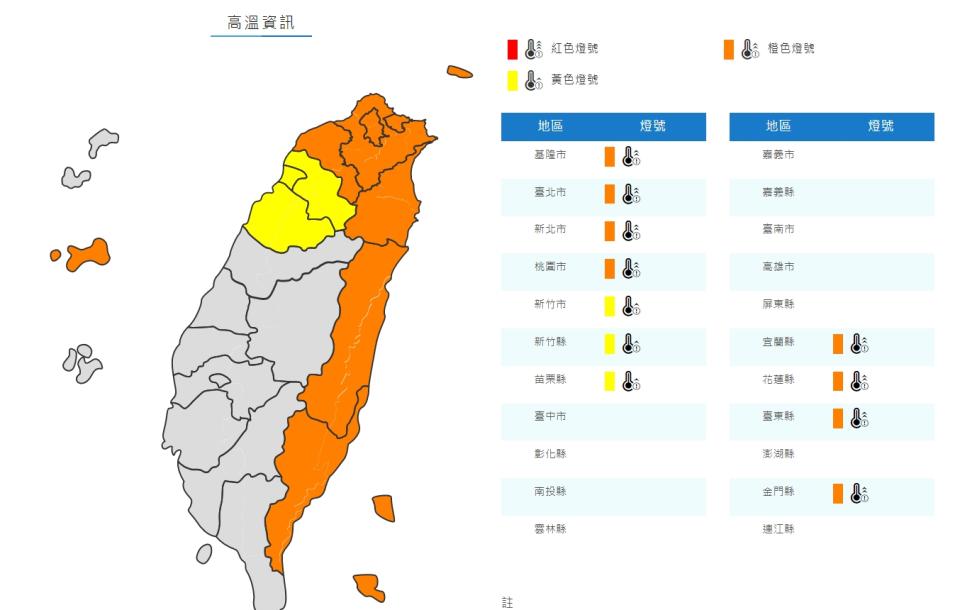 氣象局也對許多地區發布高溫提醒。（圖／翻攝自中央氣象局）