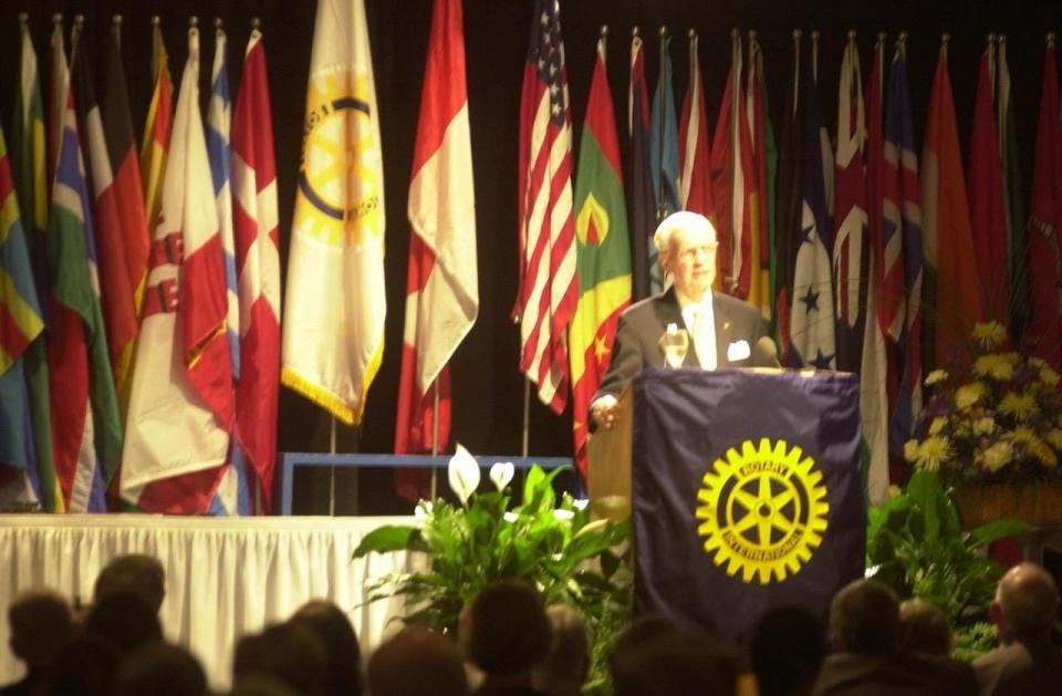 Rotary International  President Wilfred “Wilf” Wilkinson spoke in Ashland on August 22, 2007.  Rotarians from across the state filled the Convocation Center at Ashland University to hear from the Canadian leader of more than 1 million Rotarians around the world.