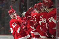 Detroit Red Wings right wing Matt Luff (22) celebrates his goal against the St. Louis Blues in the first period of an NHL hockey game Thursday, March 23, 2023, in Detroit. (AP Photo/Paul Sancya)