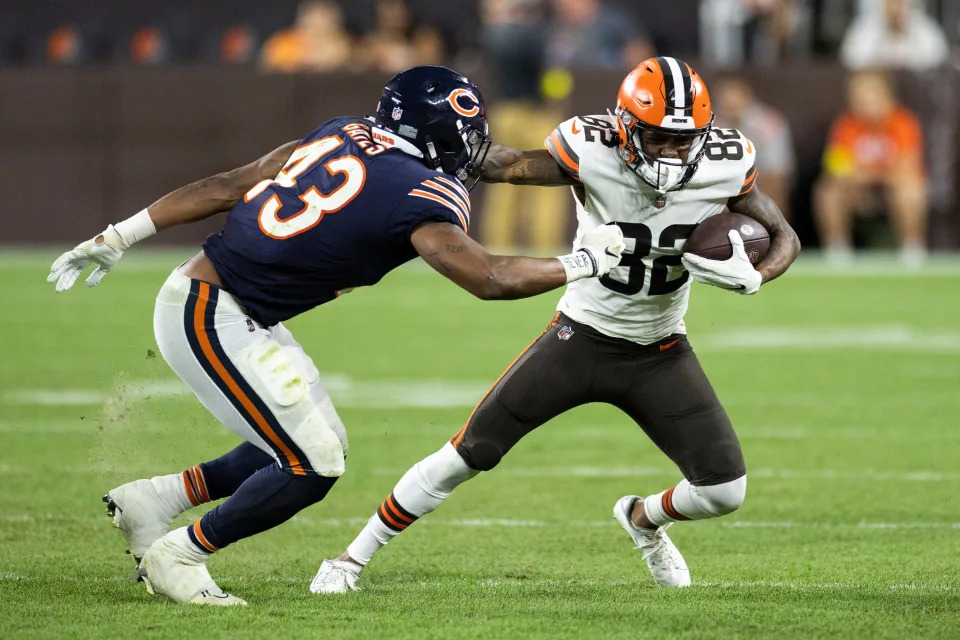 Aug 27, 2022; Cleveland, Ohio, USA; Cleveland Browns wide receiver Mike Harley Jr. (82) pushes off against Chicago Bears linebacker DeMarquis Gates (43) during the fourth quarter at FirstEnergy Stadium. Mandatory Credit: Scott Galvin-USA TODAY Sports