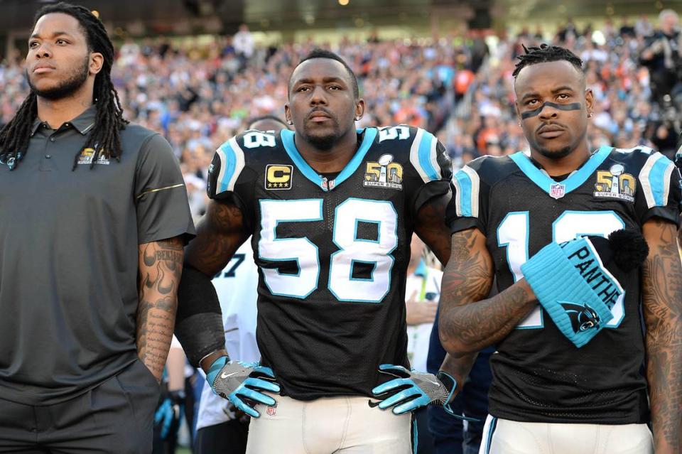 (L-R) Carolina Panthers injured wide receiver Kelvin Benjamin, linebacker Thomas Davis and wide receiver Ted Ginn, Jr., stand along the sideline before Super Bowl 50. Ginn (19) had a key drop in the game. Although he was targeted 10 times, he only caught four passes in Carolina’s 24-10 loss.