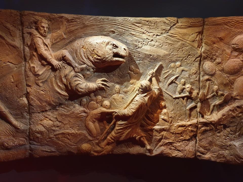 Prop of frieze in Supreme Chancellor Palpatine's antechamber in Star Wars: Revenge Of The Sith, depicting battle between Jedi and Sith, at the Star Wars Identities exhibition in Singapore at the Artscience Museum. (Photo: Teng Yong Ping)