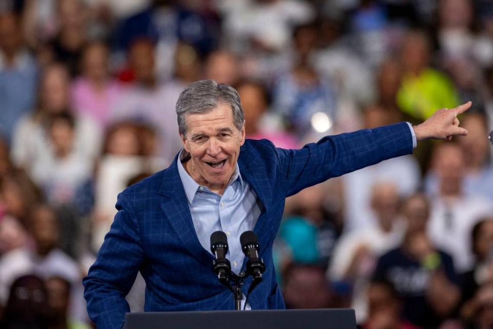 Gov. Roy Cooper speaks during a campaign event for President Joe Biden at the Jim Graham building at the North Carolina State Fairgrounds in Raleigh on Friday June 28, 2024. Biden debated former President Trump in Atlanta Georgia the previous night.