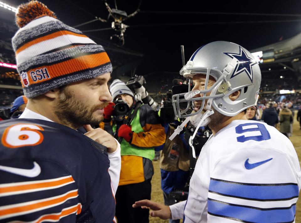 Tony Romo (R) was a celebrated hire at CBS. But Jay Cutler (L) might be the better analyst at Fox right away. (AP)