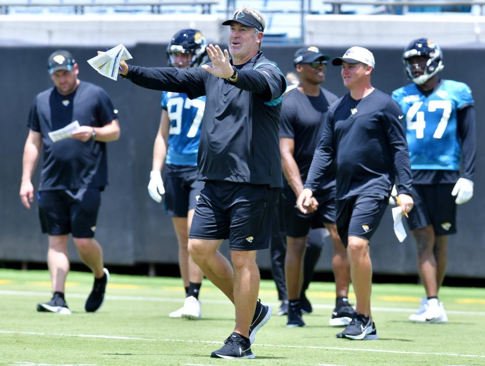 Jaguars head coach Doug Pederson gives instructions on the fields during Friday's Rookie Minicamp session. The Jacksonville Jaguars held their first Rookie Minicamp on the turf of TIAA Bank Field Friday afternoon, May 13, 2022. Among those in attendance were the team's 2022 draft picks. [Bob Self/Florida Times-Union]