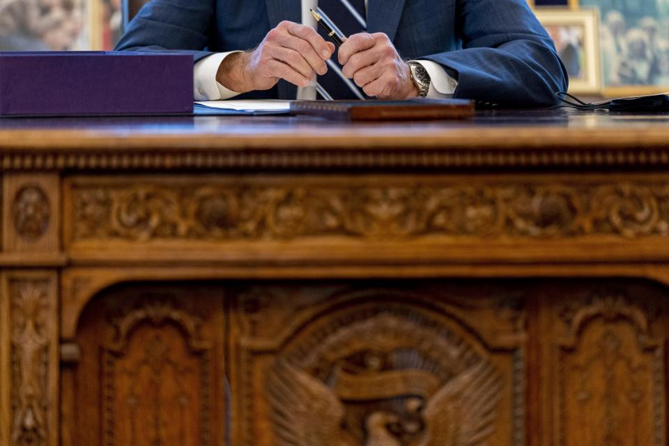 President Joe Biden speaks before signing the American Rescue Plan, a coronavirus relief package, in the Oval Office of the White House, Thursday, March 11, 2021, in Washington. (AP Photo/Andrew Harnik)