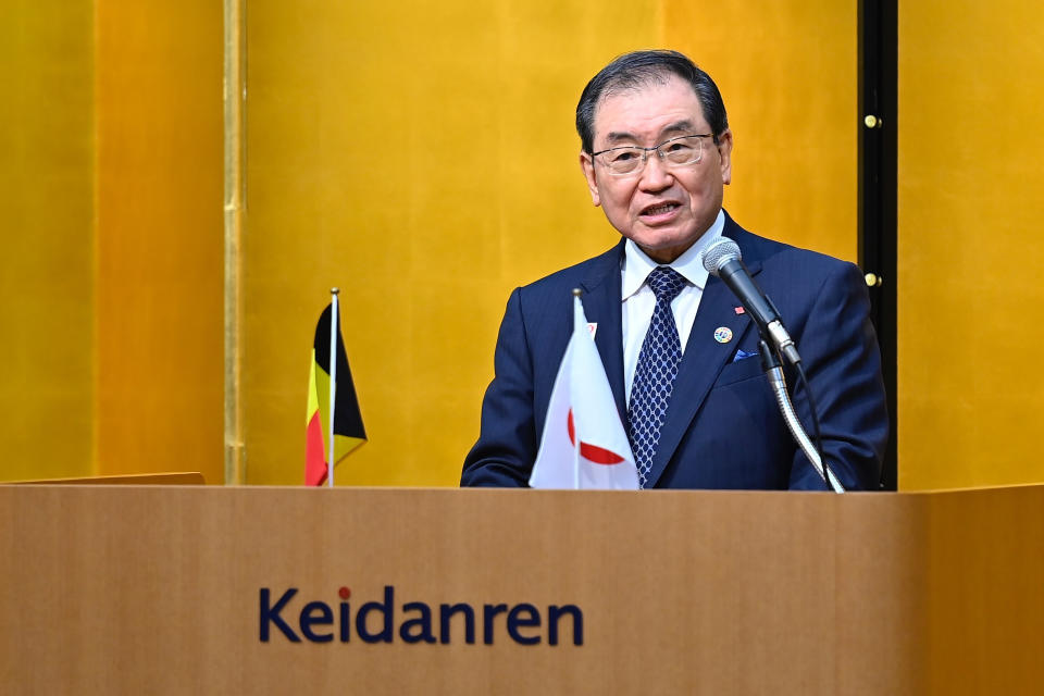 Keidanren or Japan Business Federation Chairman Tokura Masakazu delivers an opening remarks ahead of a luncheon meeting with Princess Astrid of Belgium and high-level business round table with Belgium delegation and Representatives from the Political and Business Worlds at the Keidanren in Tokyo Tuesday, Dec. 6, 2022. (David Mareuil/Pool Photo via AP)