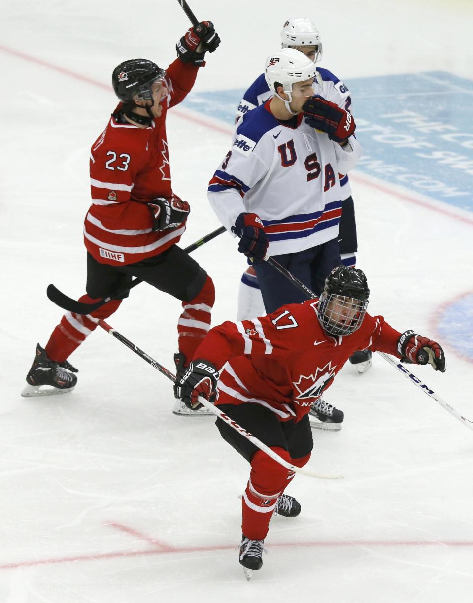 Canada's McDavid celebrates his goal against the United States during the third period of their IIHF World Junior Championship ice hockey game in Malmo